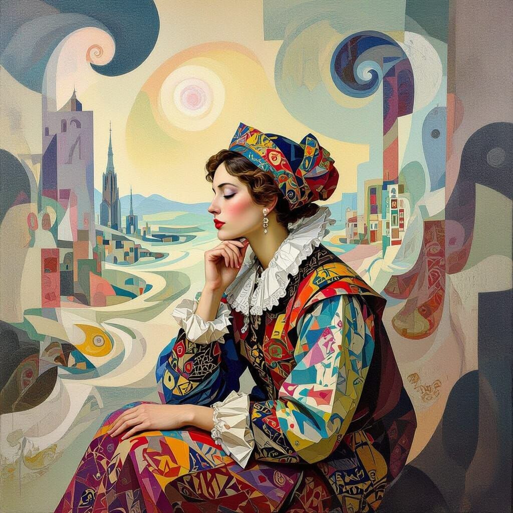 Surreal Dreamer in Cubist Landscape, Baroque Details