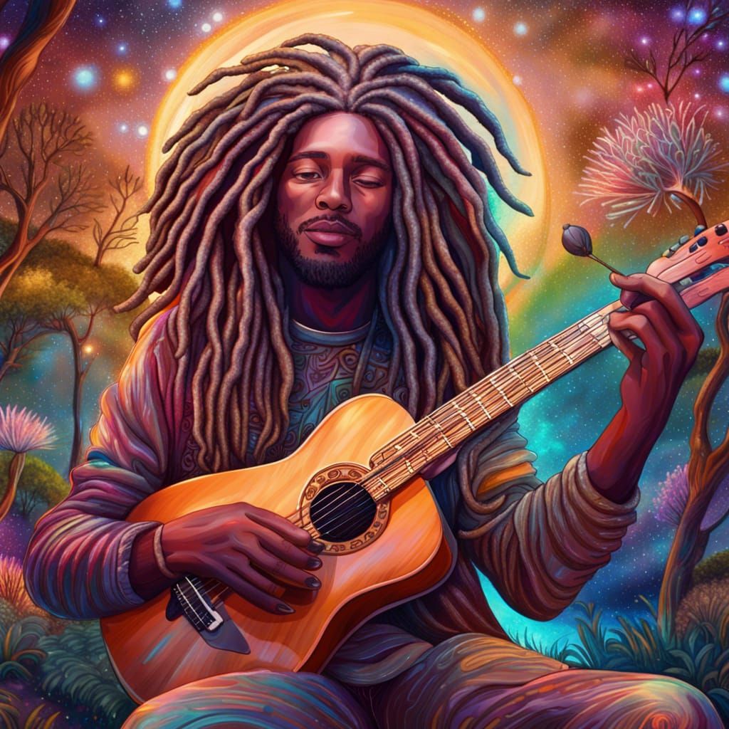 Man with Dreadlocks Playing Guitar, Astral Illustration