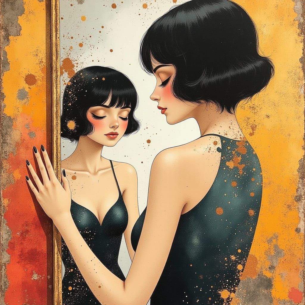 Art Deco Portrait of a Glamorous Supermodel in Geometric Sha...