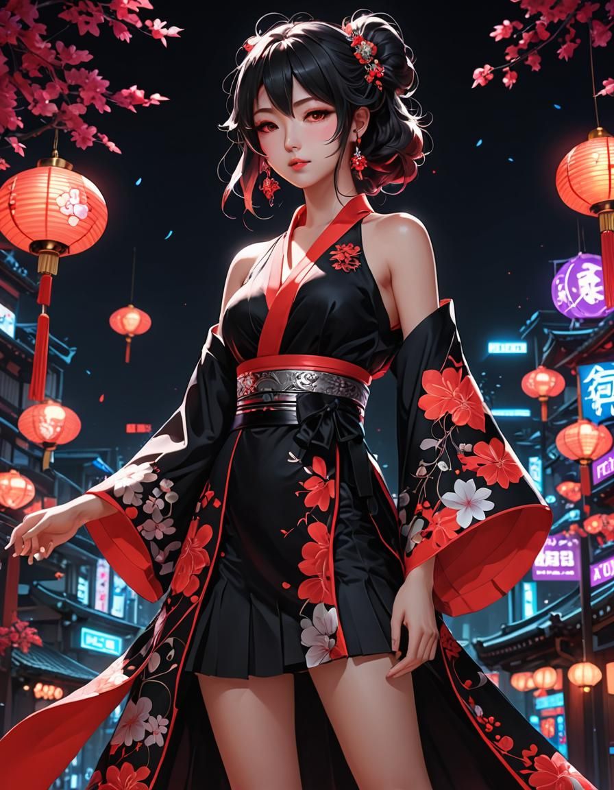 Glowing Neon Kimono in 3D Anime Style