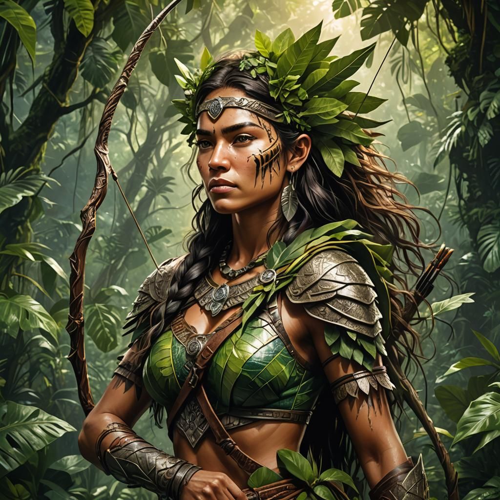 Amazon Warrior Woman in Lush Rainforest