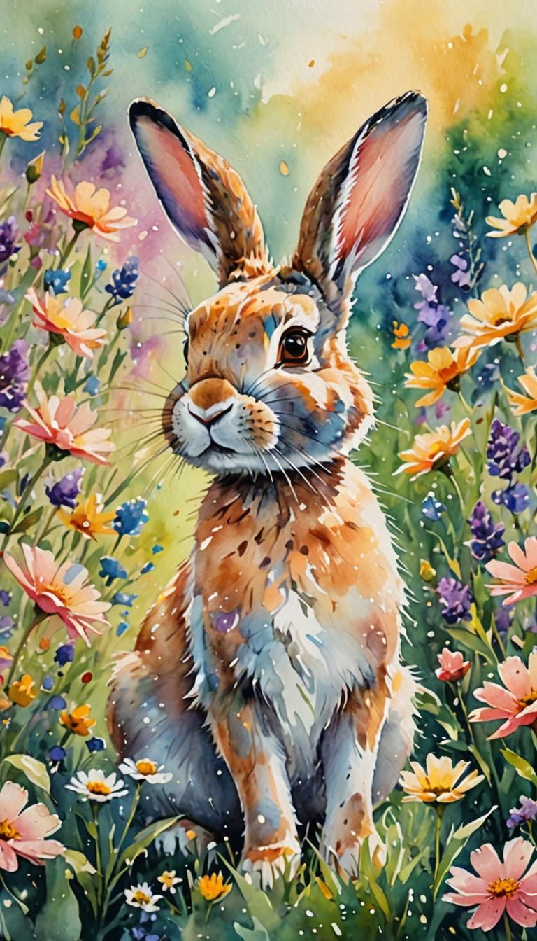 Rabbit's Joyful Leap: Impressionist Watercolor Masterpiece