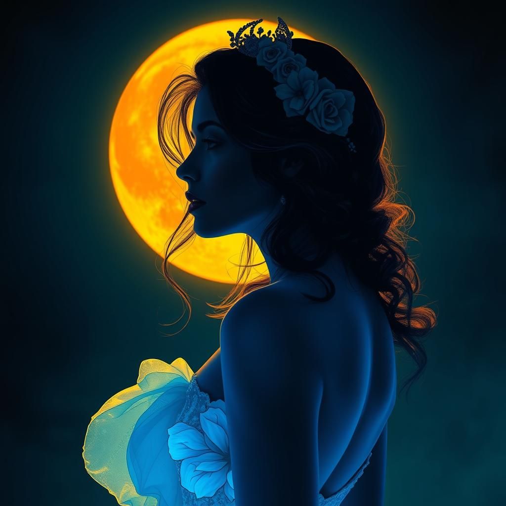 The silhouette Woman blue yellow tint, in bioluminescent dar...