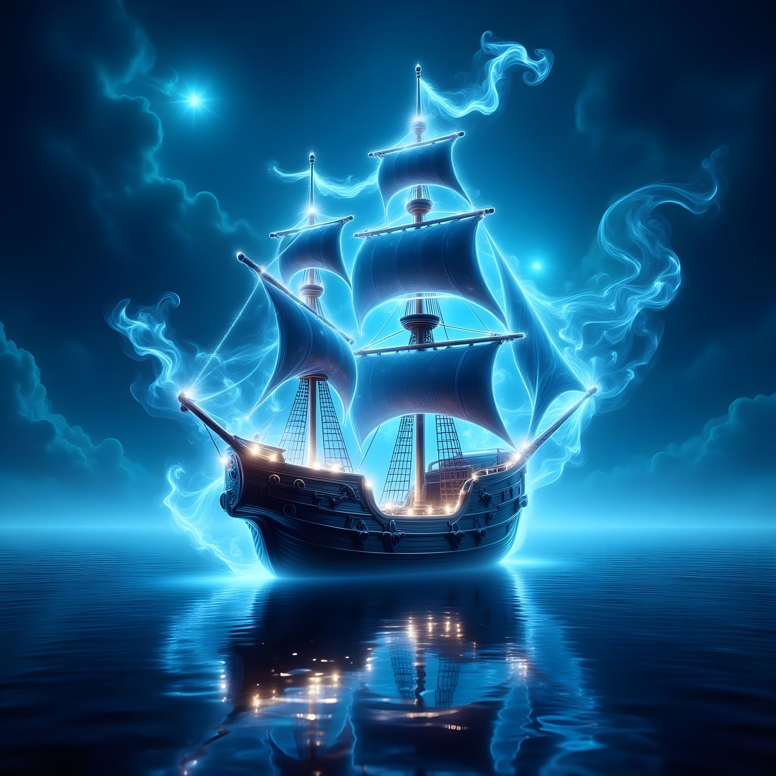 Glowing Energy Pirate Ship on Calm Sea