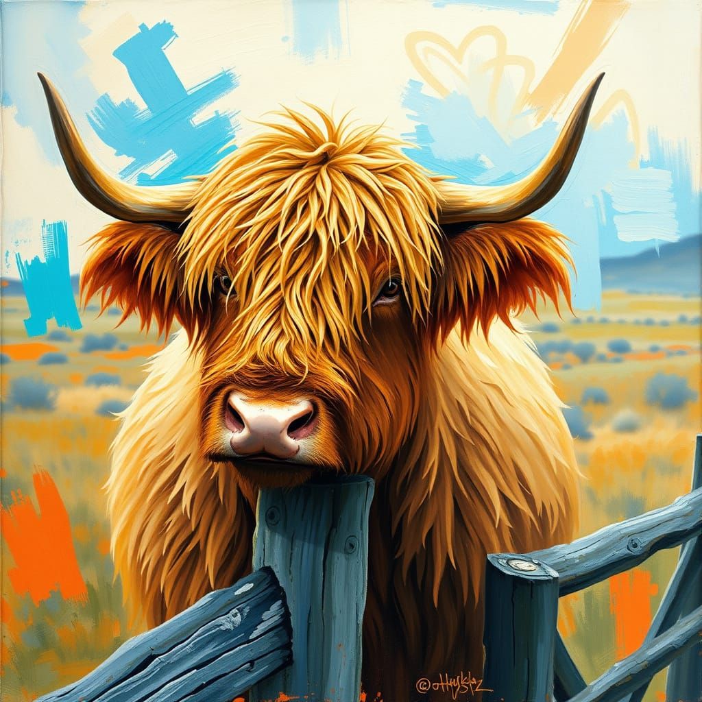 Highland Cow in Dreamy Landscape