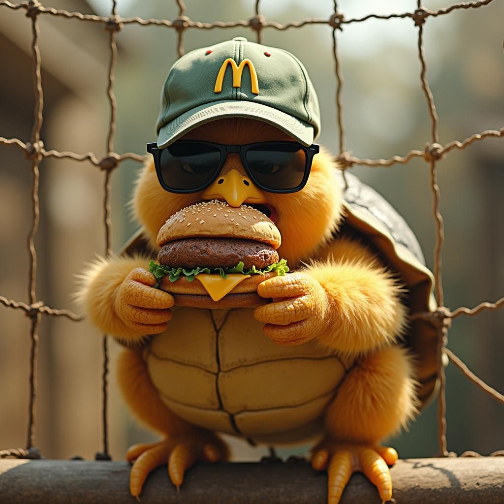 Chicken-Turtle Hybrid Devouring Cheeseburger, Surreal Art