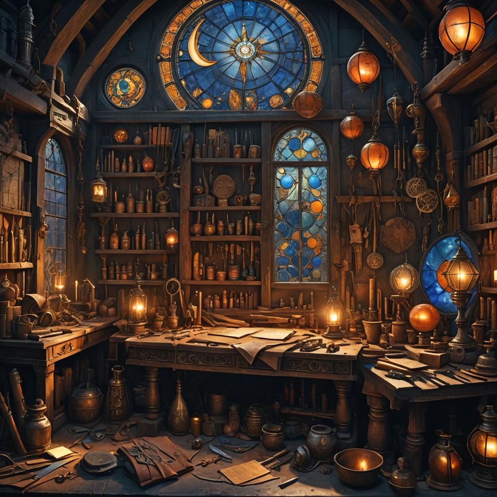 Mystical Workbench at Night: High Fantasy Concept Art