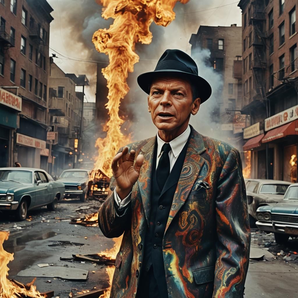 Psychedelic Shaman: Sinatra in Burning Cityscape