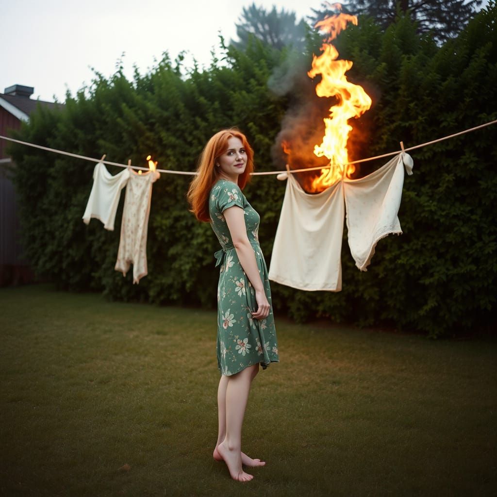 Redhead in Burning Backyard, Dreamlike 1970s Aesthetic