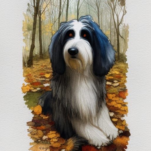 Sheepdog on Autumn Path: Watercolor Fantasy