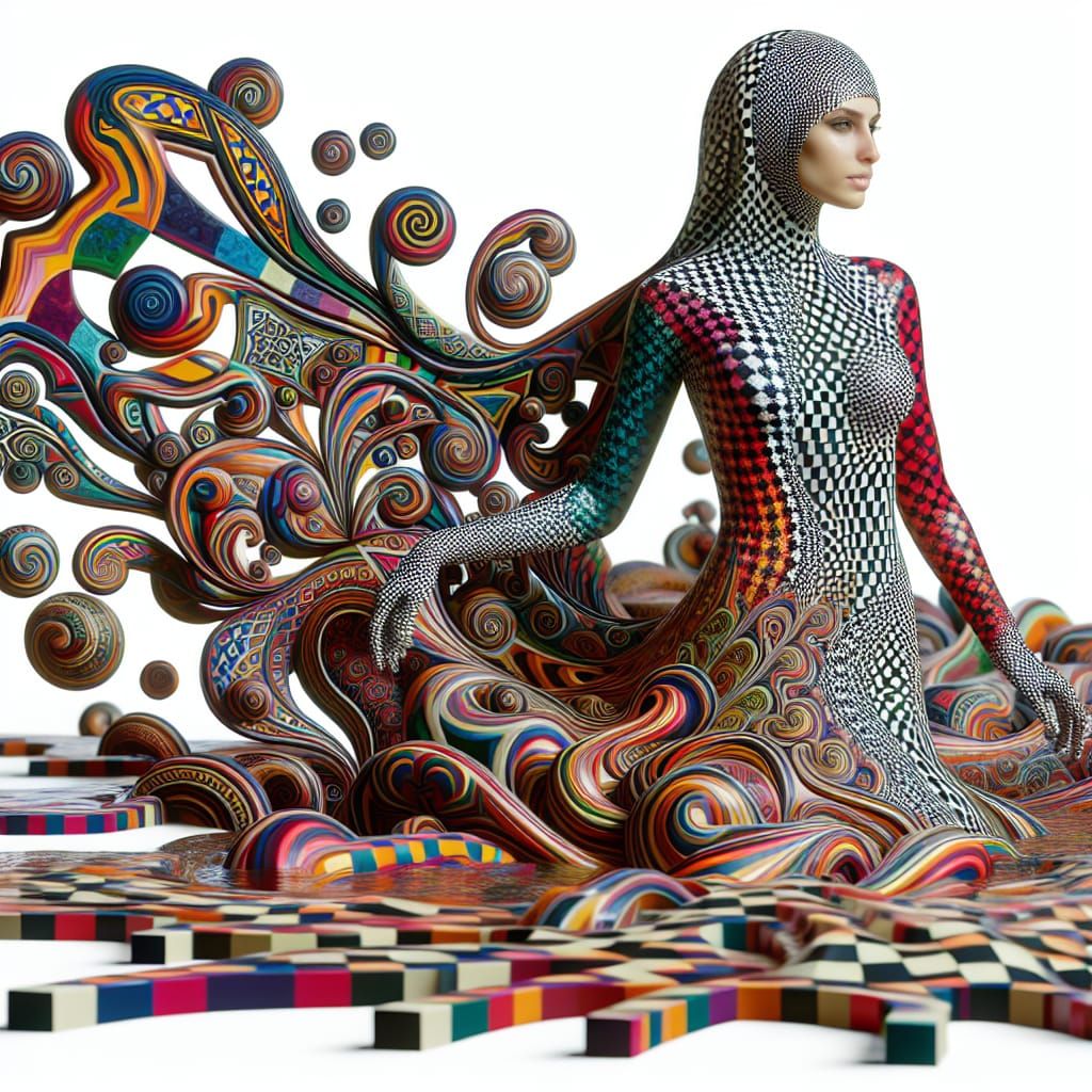A Lady Emerges from Vibrant, Twirling Checkerboard Liquid in...