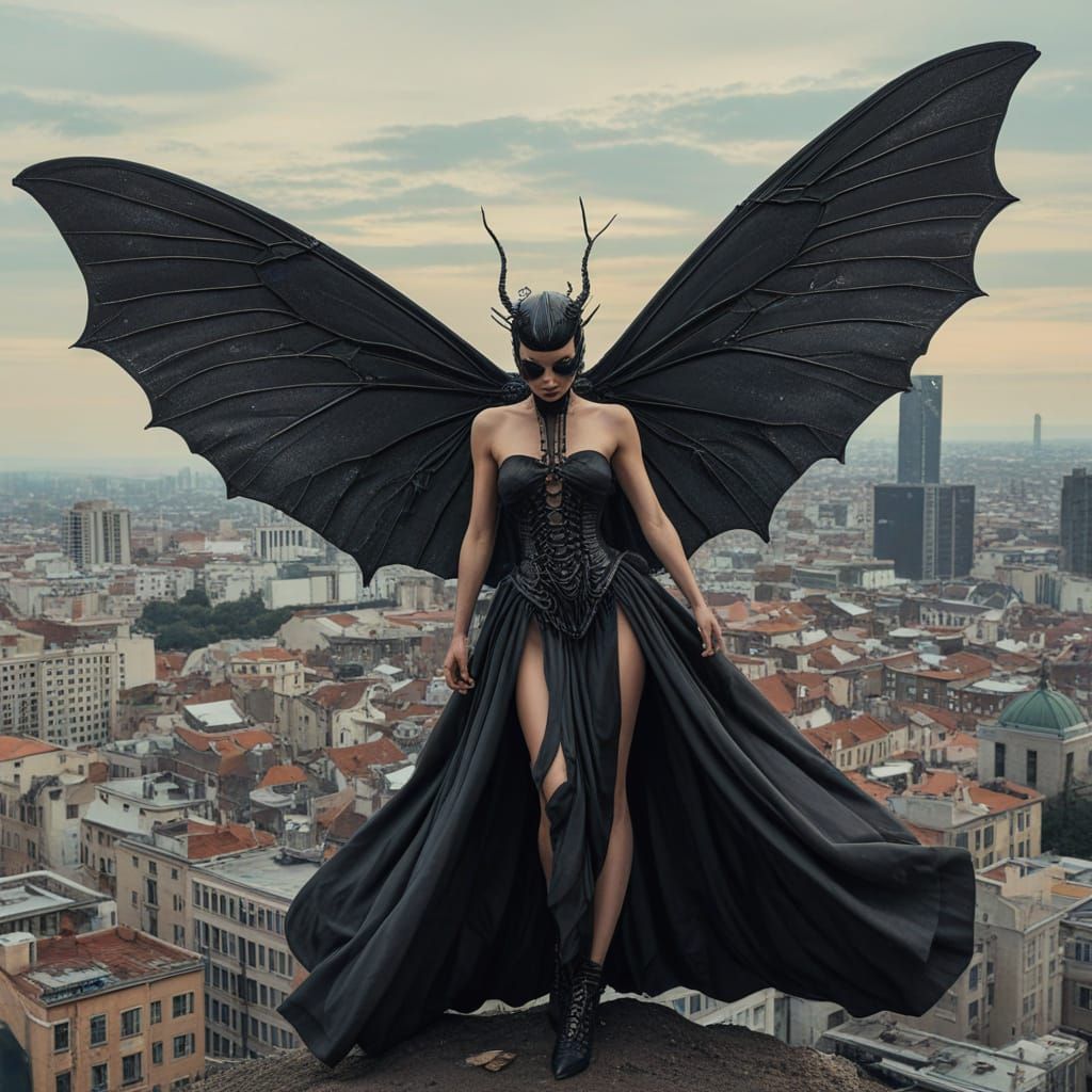 Voluptuous Moth Humanoid Flies over Cityscape