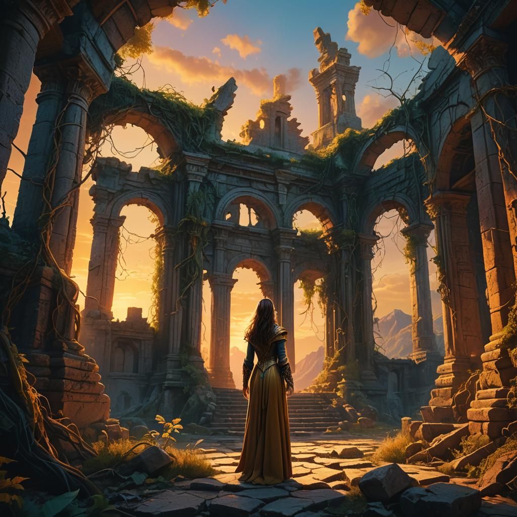 Mystical Sorceress at Sunset: Maximalist Fantasy Art
