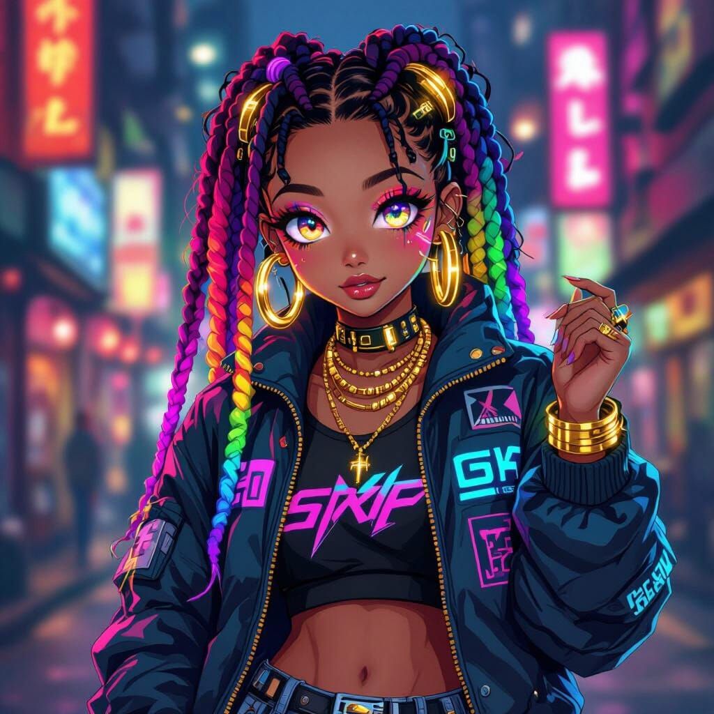 Cyberpunk Anime Girl with Rainbow Braids