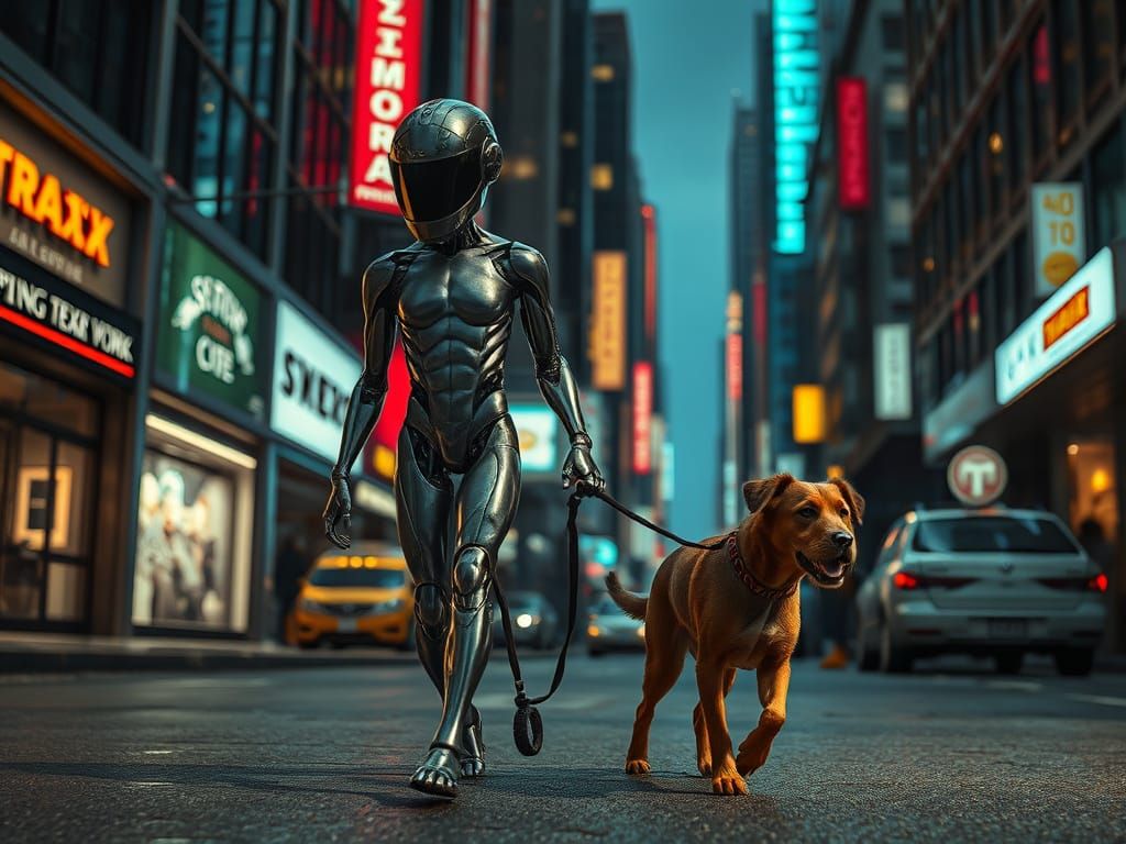 Metallic Robot Walks Dog in Futuristic City