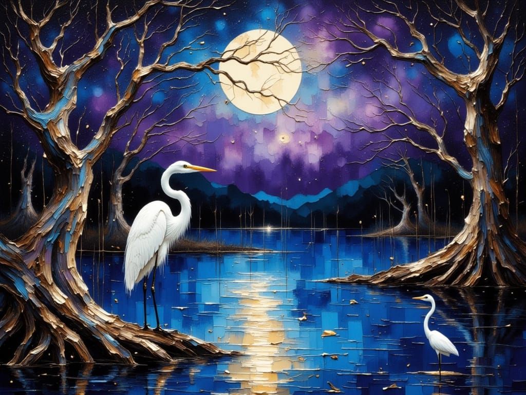 Serene Midnight Swamp with Egrets and Moonlit Reflections