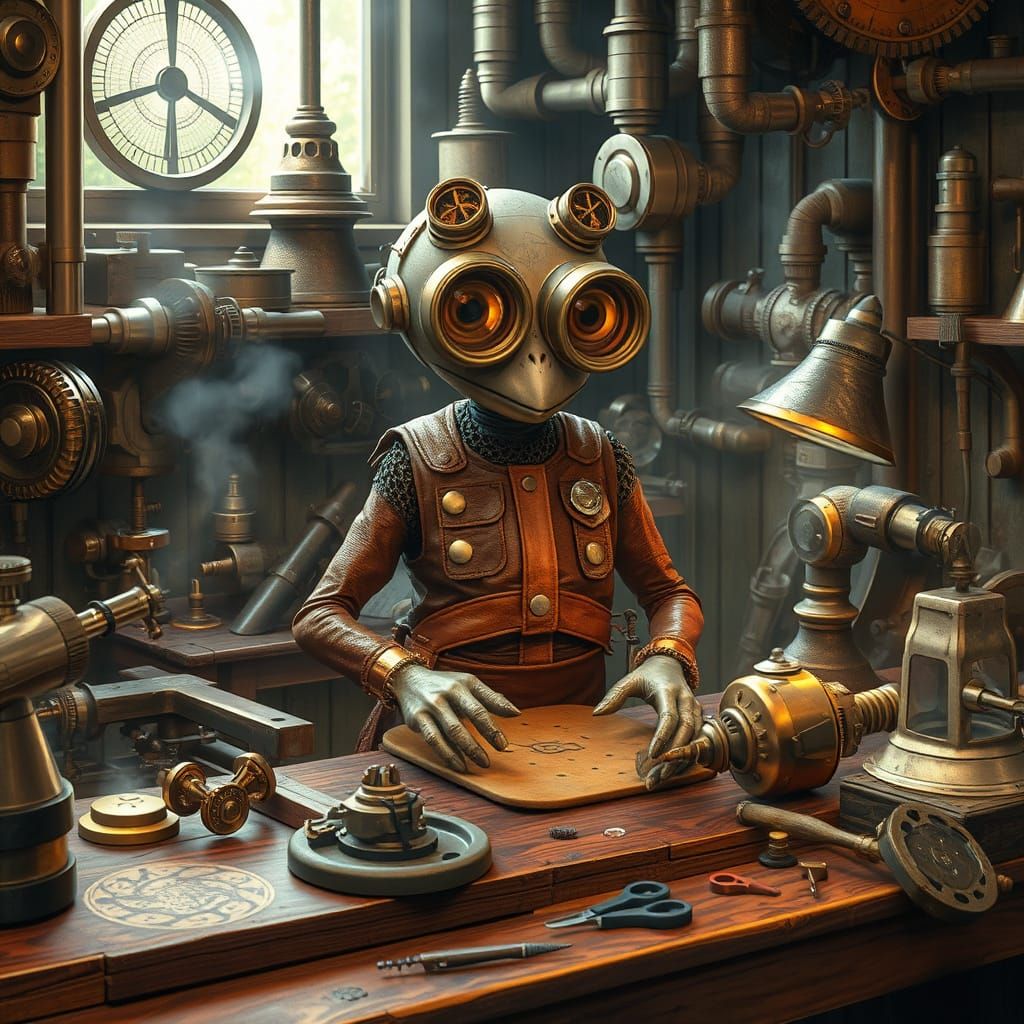 Steampunk Automaton in Workshop with Golden Lighting