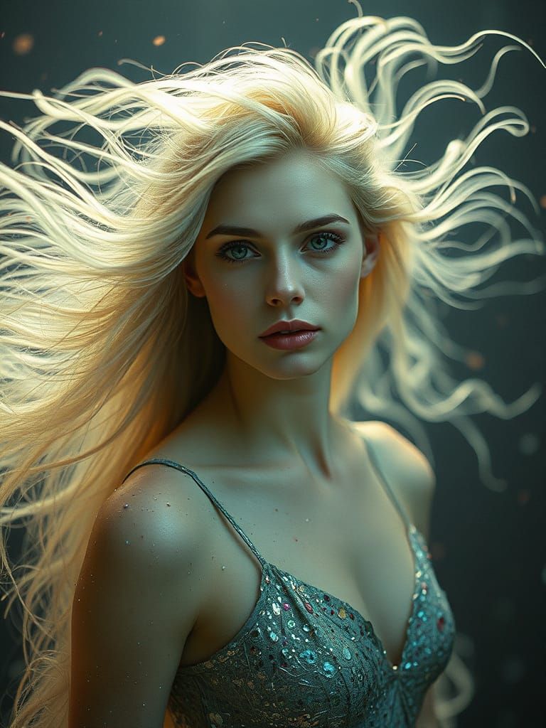 Ethereal Woman with Iridescent Hair in Dreamlike Film Still