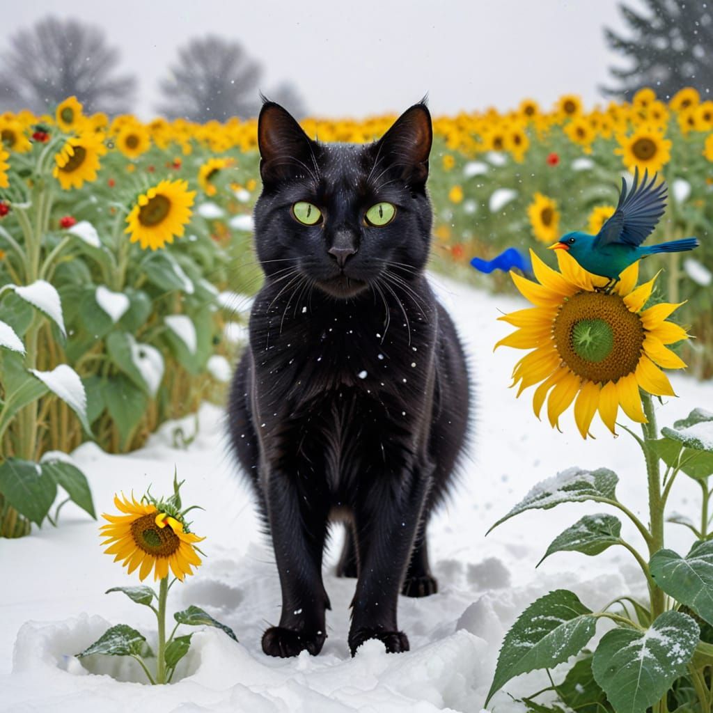 Black Cat and Colorful Bird Romping in Snowy Pasture