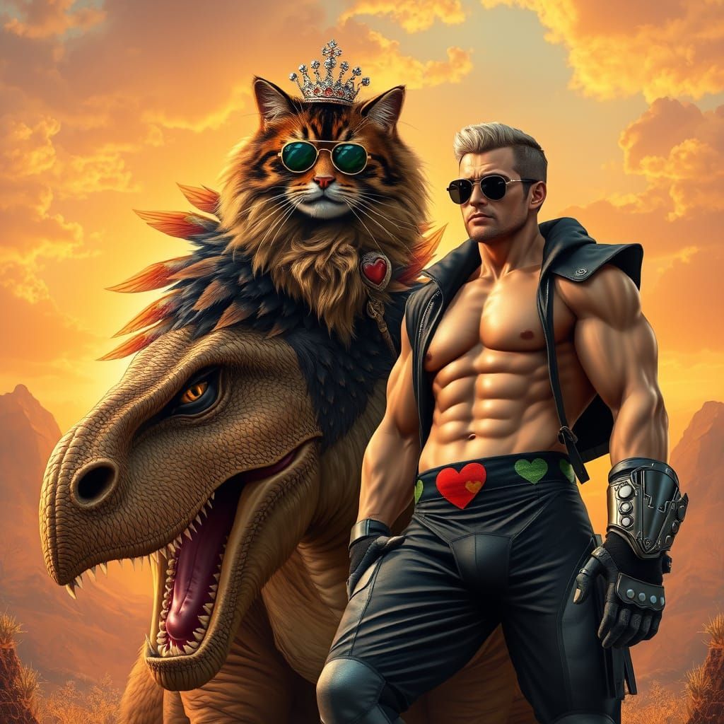Majestic Maine Coon Cat Rides Tyrannosaurus Rex in Prehistor...