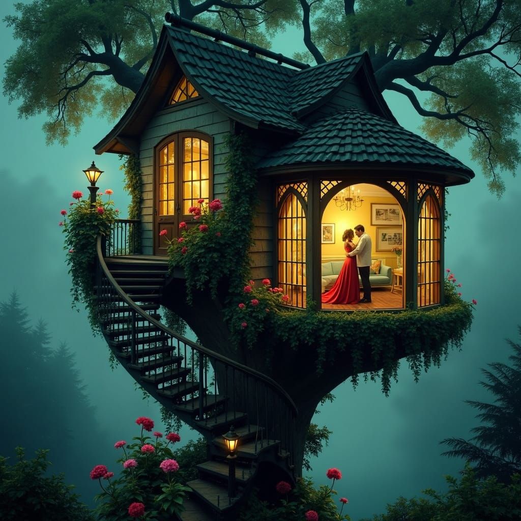 Romantic Japanese Treehouse at Night with Dancing Couple