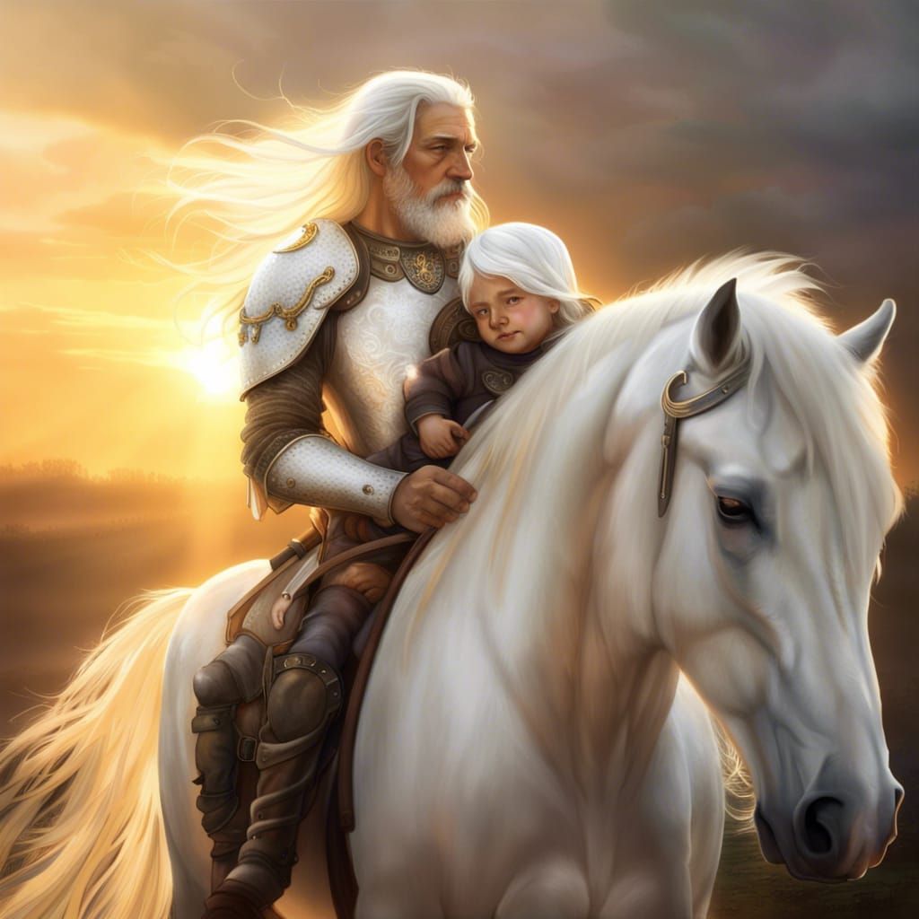 Aged Medieval Warrior and Child at Sunrise