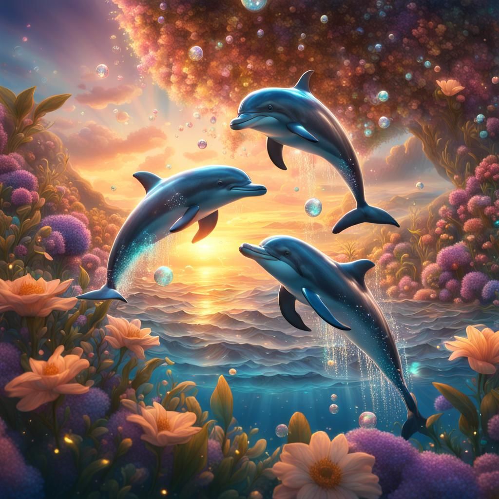 Ocean Sunrise: Dolphins in a Fantastical Landscape