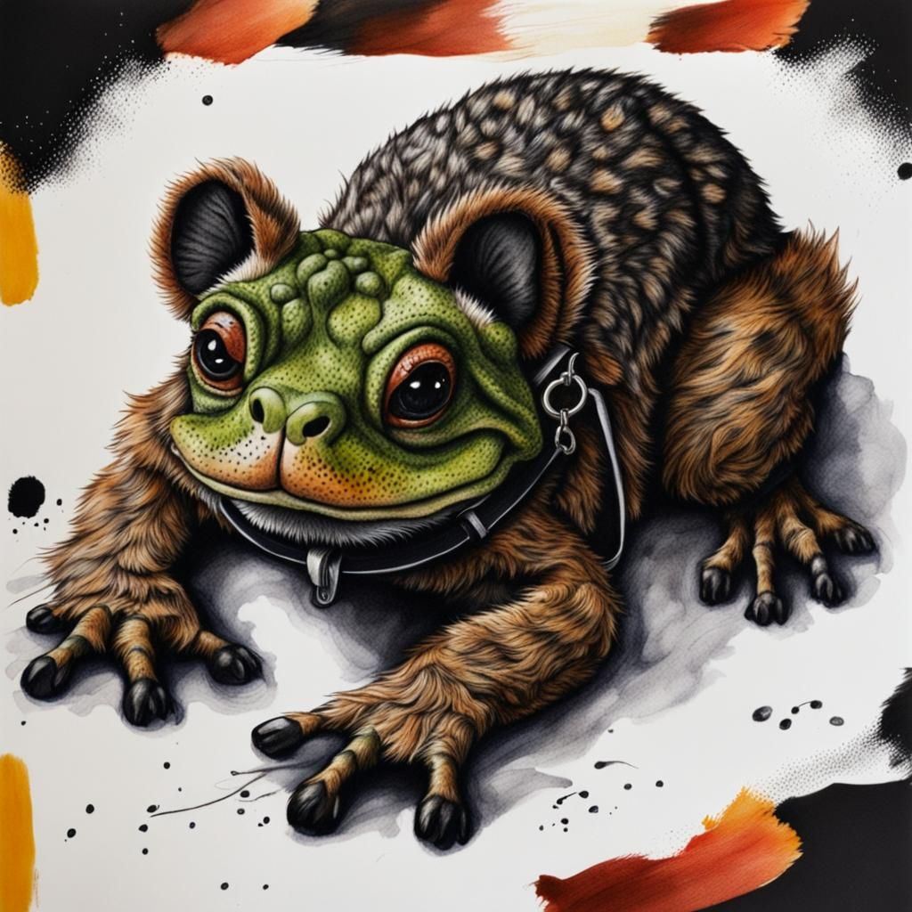 Cute Furry Dog-Frog Hybrid in Pen and Ink