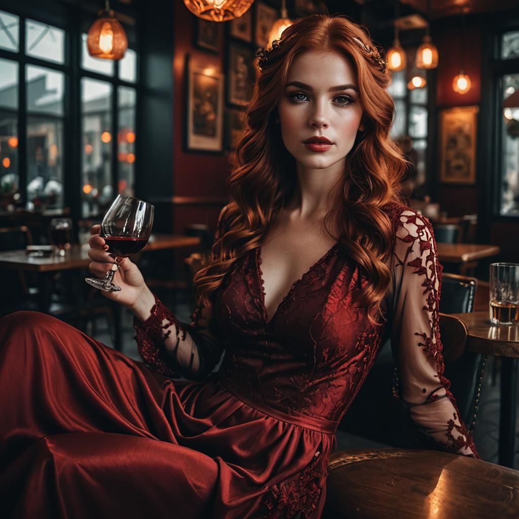 Beautiful Woman in Red Dress at Cafe