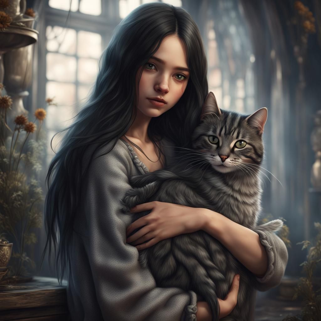 Girl with Cat: Detailed Matte Painting