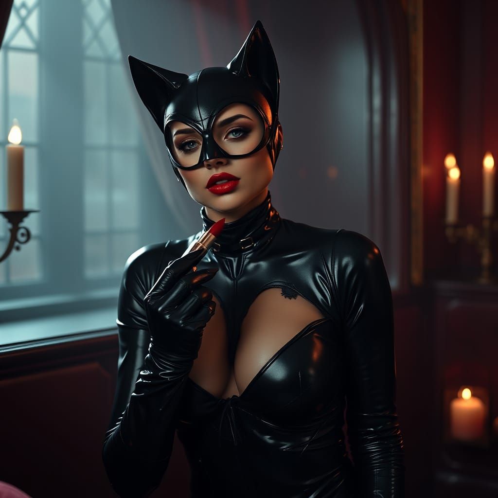 Catwoman Applies Lipstick in Dimly Lit Boudoir