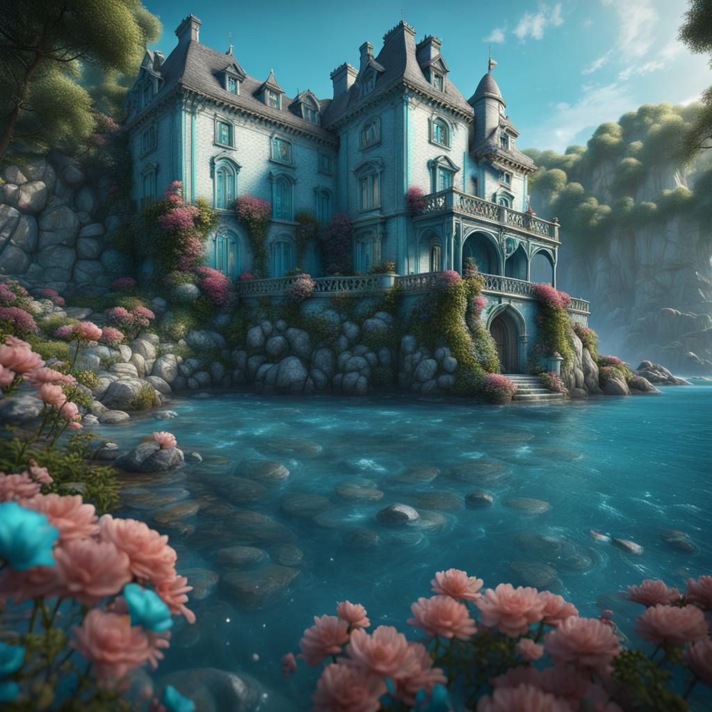 White Manor by Turquoise Sea: Fantasy Concept Art