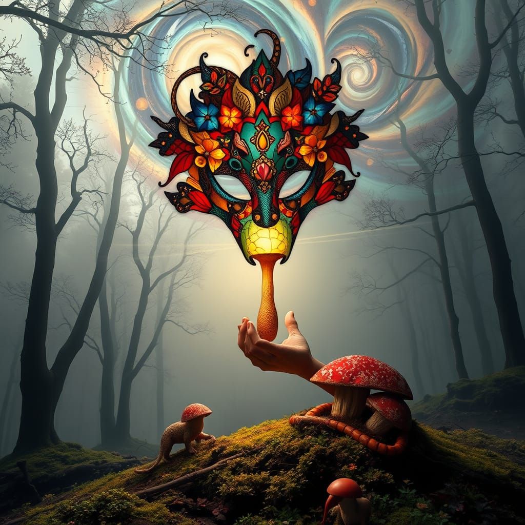 Glowing Mushroom in Cosmic Forest: Surreal Bio-Art