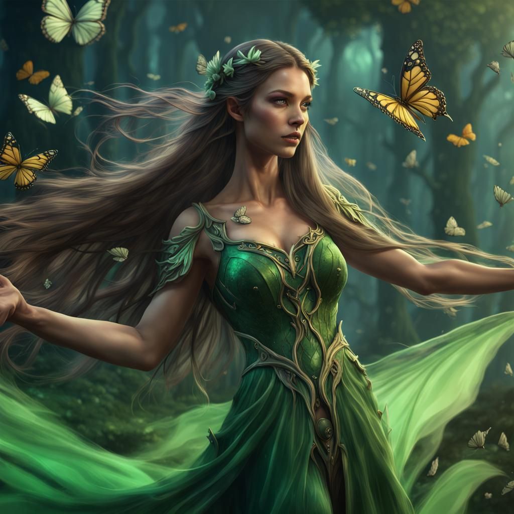 Elf Woman Dancing with Butterflies: Fantasy Concept Art