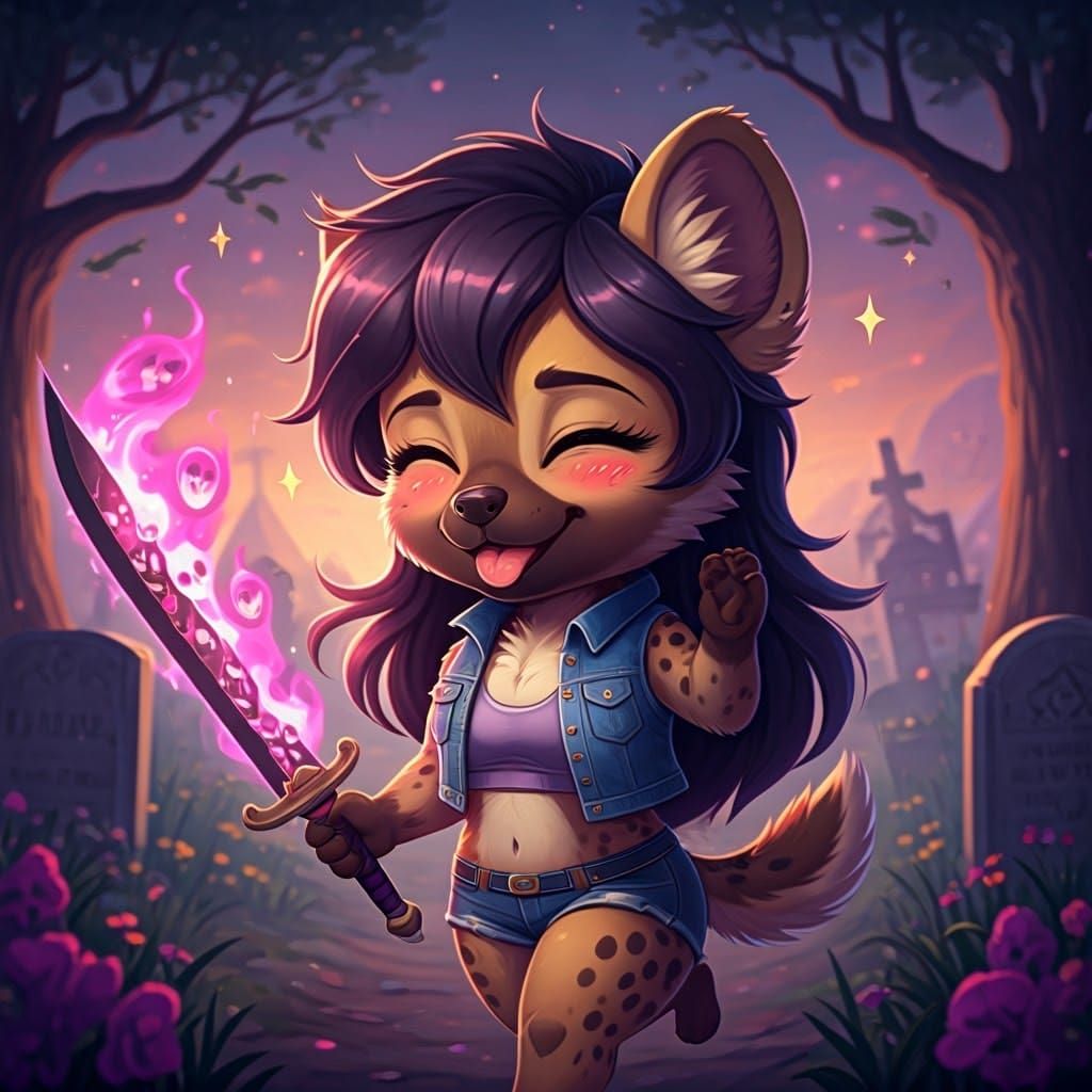 Kawaii Hyena with Blazing Sword in Cemetery