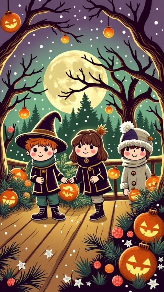 Winter Wonderland Scene with Children and Christmas Book