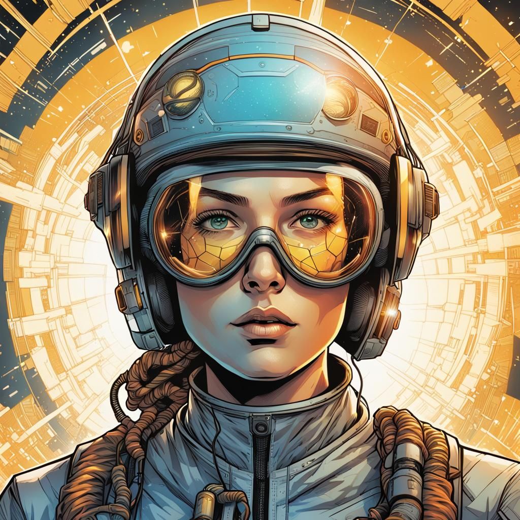 Woman in Honeycomb Space Helmet, Comic Book Art