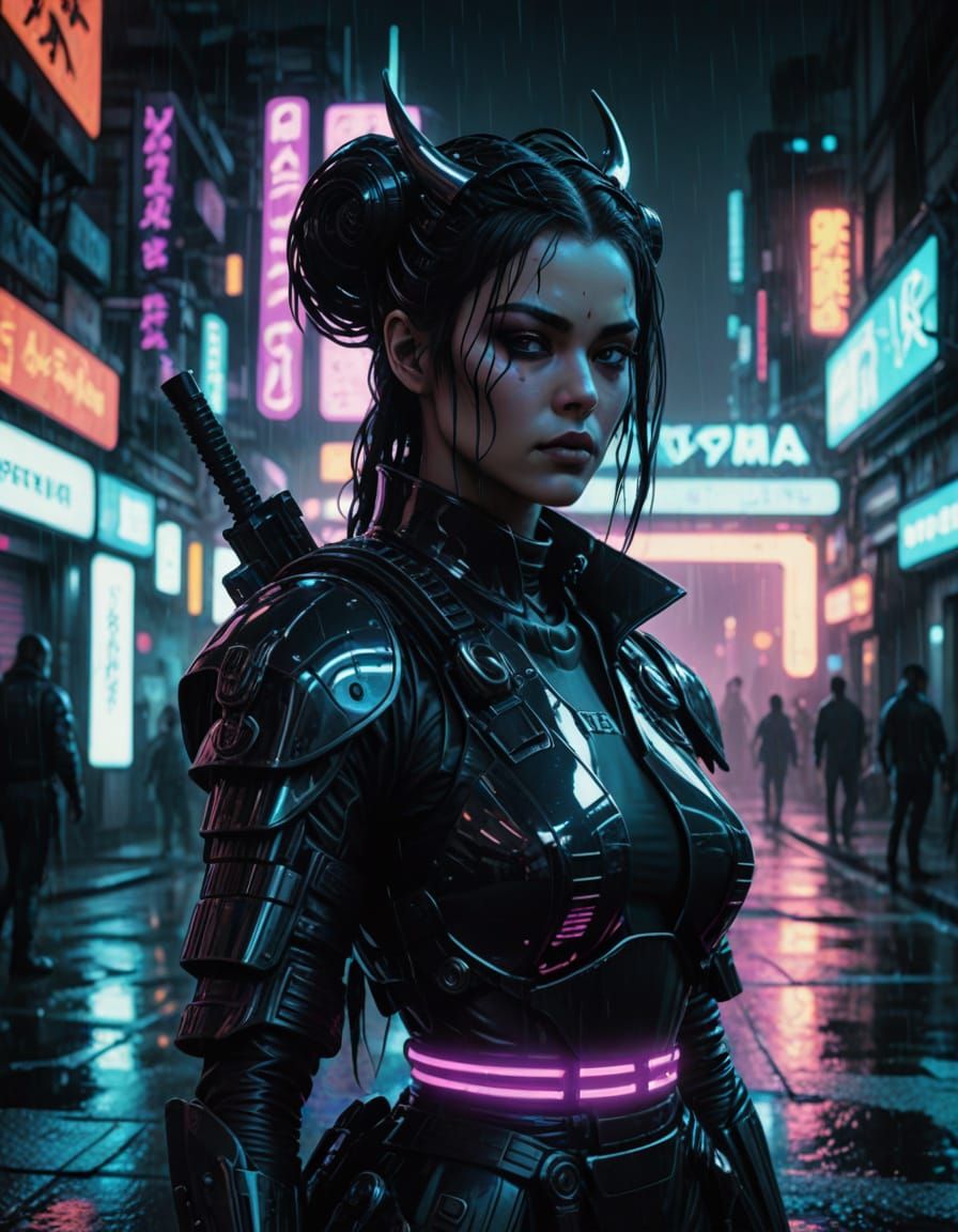 Cyberpunk Samurai Woman in Neon Noir Aesthetic