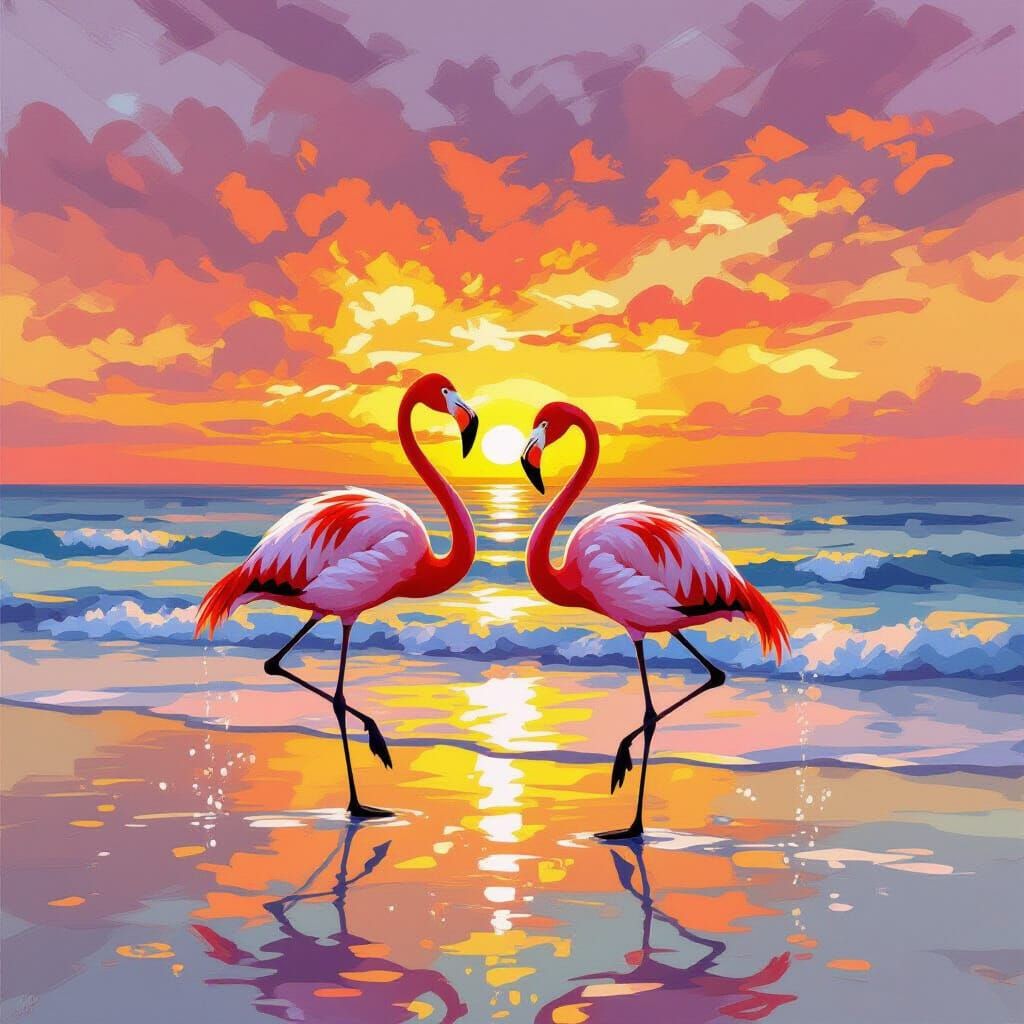 Flamingos Dance on Beach at Sunset in Impressionistic Style