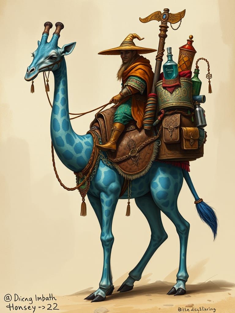 High Fantasy Merchant Rides Majestic Blue Giraffe