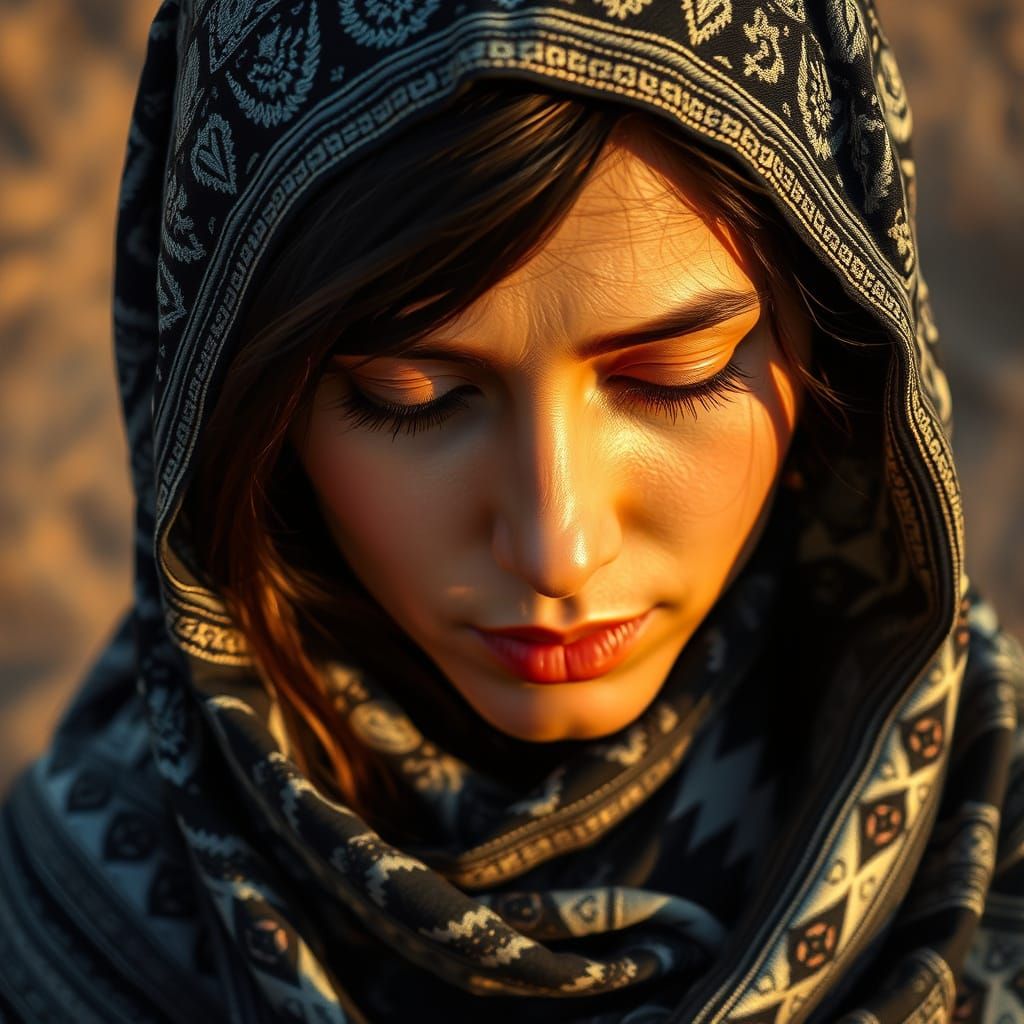 Woman in Traditional Palestinian Kofia, Lost in Thought