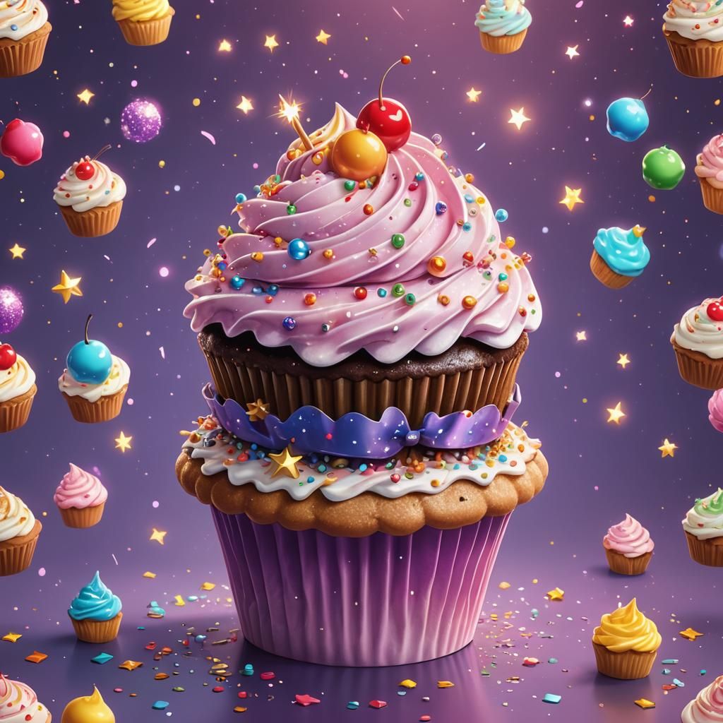 Sparkling Kawaii Cupcake: High-Resolution Digital Art