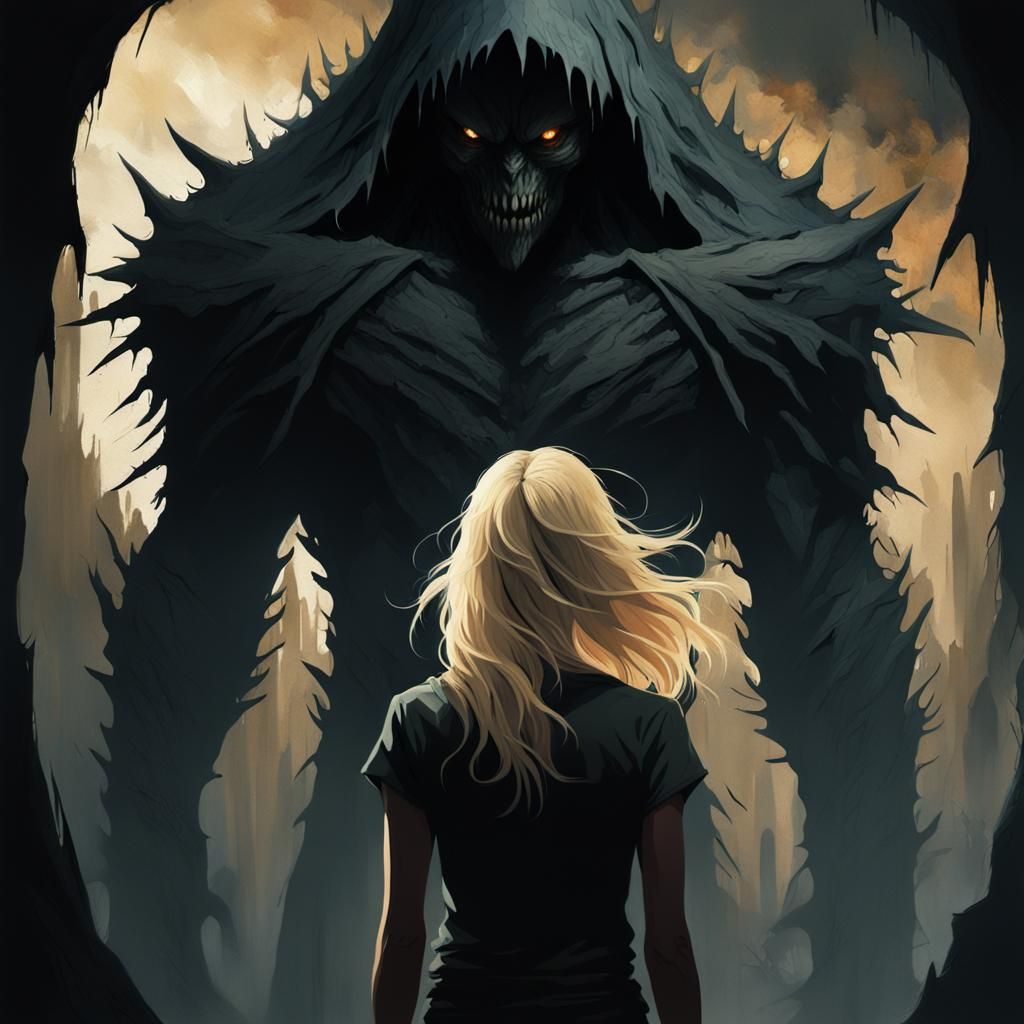 Woman Faces Shadow Creature in Acrylic Painting Style