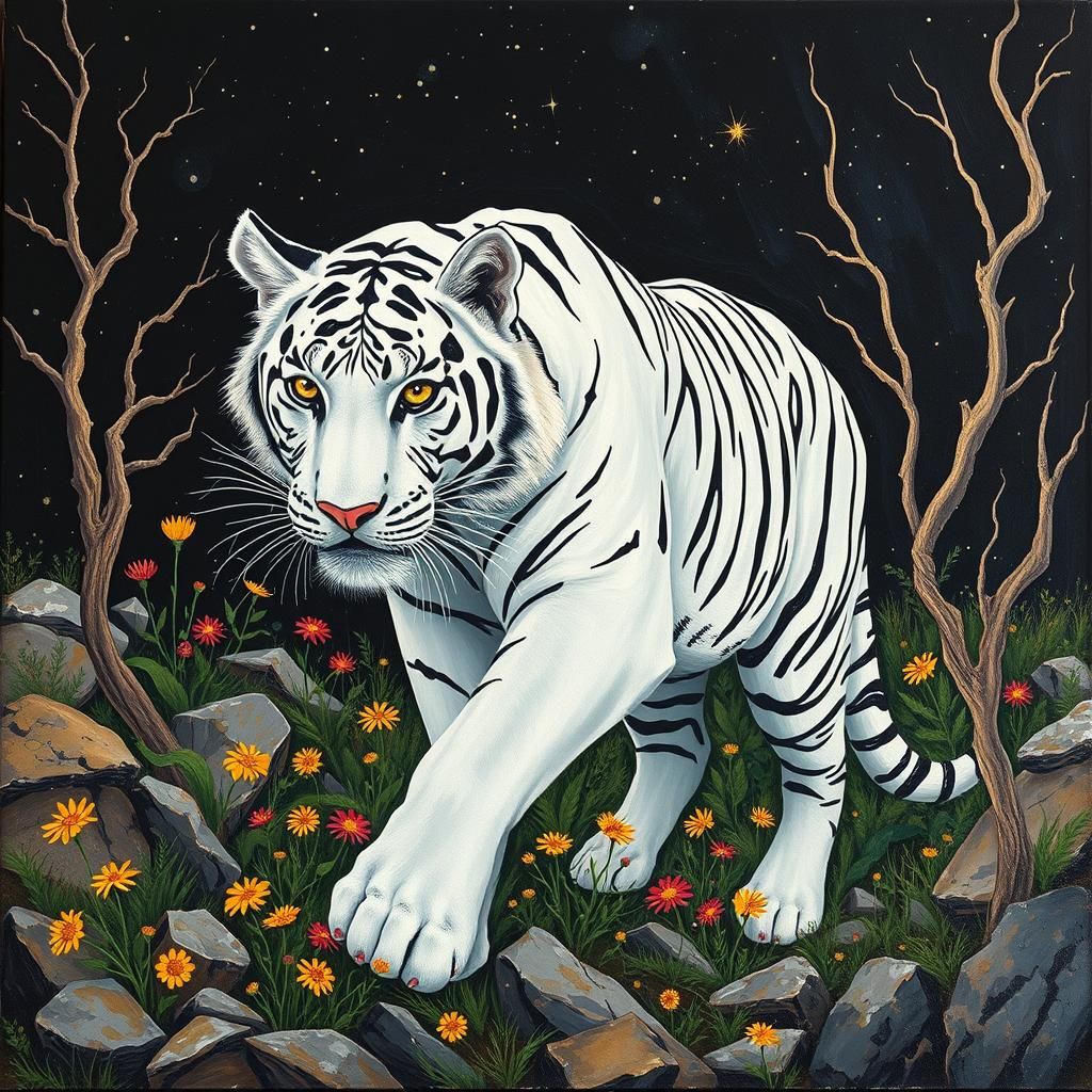 Vibrant white tiger with piercing yellow eyes,fur textured w...