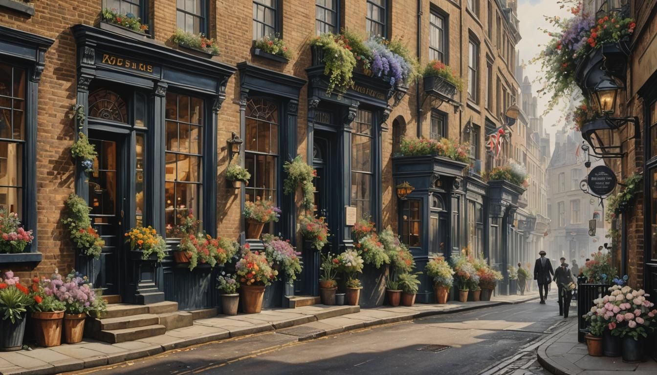 Victorian London Street Scene in Watercolor Style