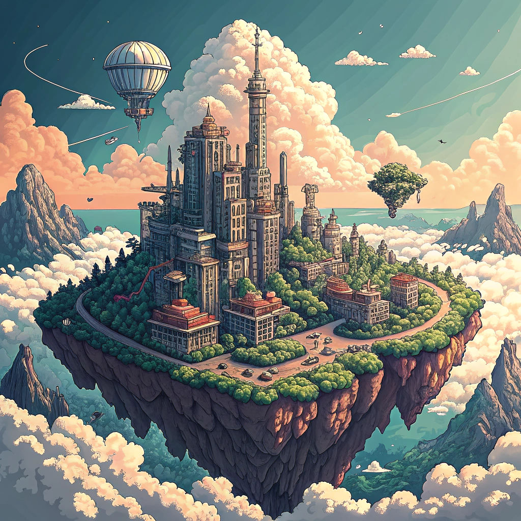 Futuristic Floating City in 8-Bit Pixel Art
