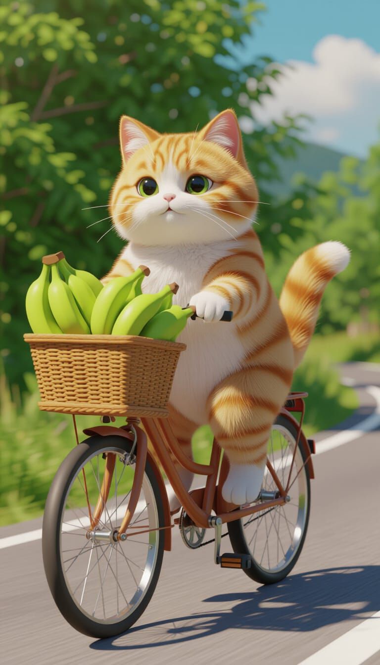 Cute Orange Cat Rides Bike Laden With Bananas