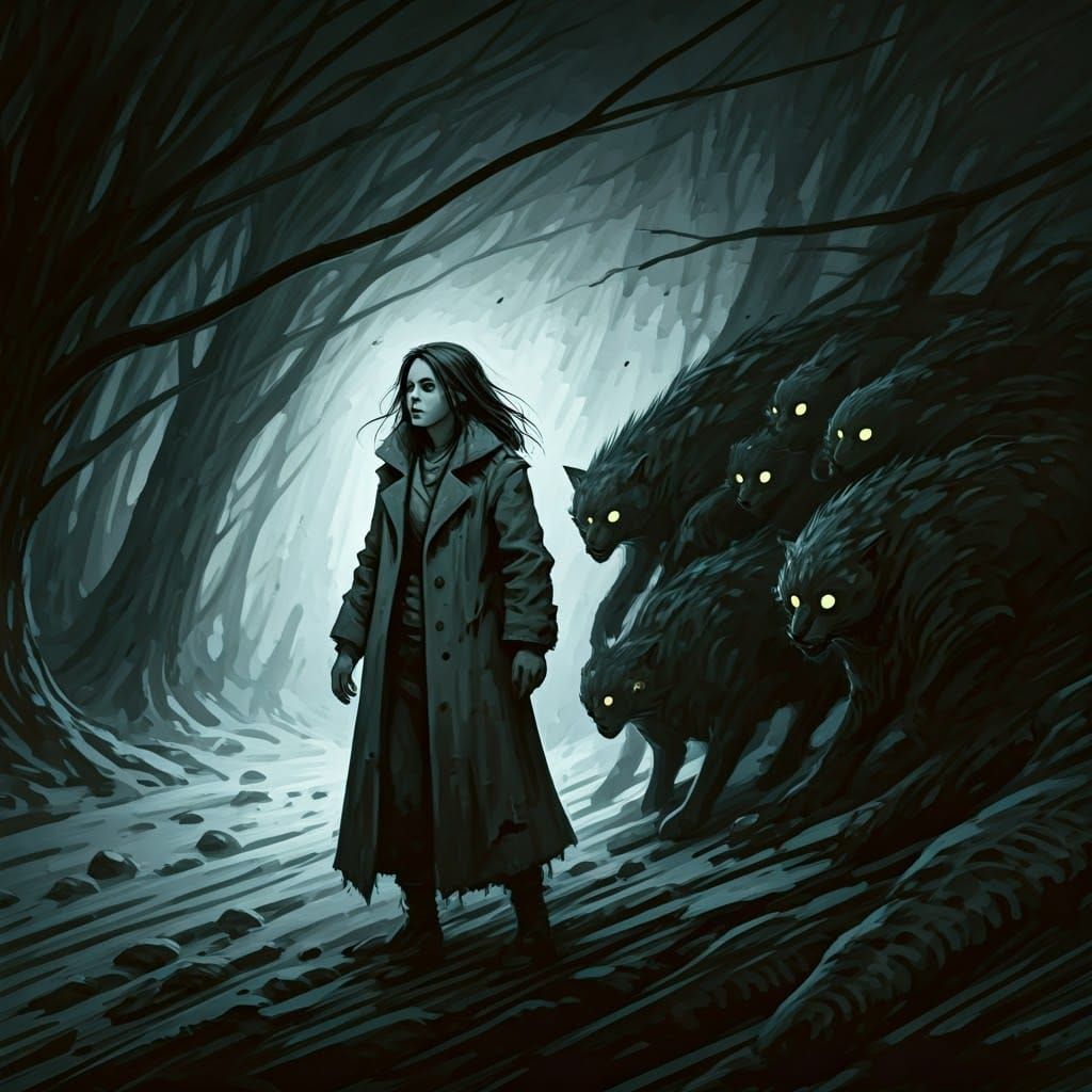 Terrorized Woman Fleeing from Wild Cats in a Dark, Moody Lan...