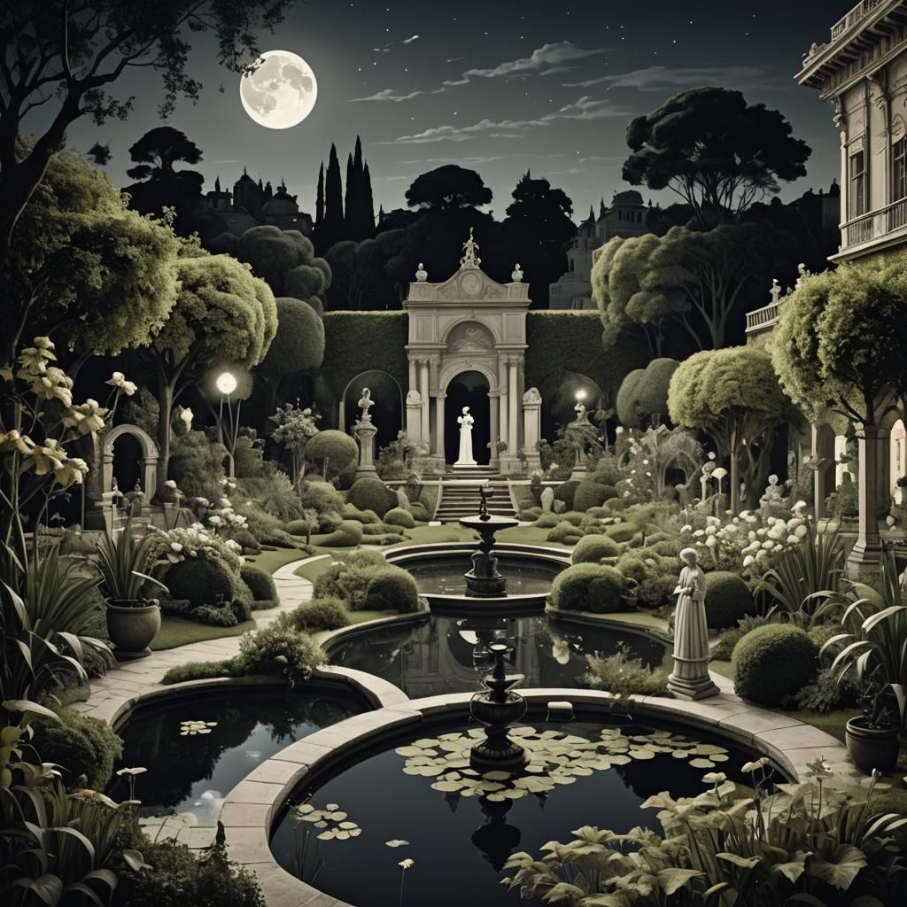 an Italian garden at midnight, full moon style of Aubrey Bea...