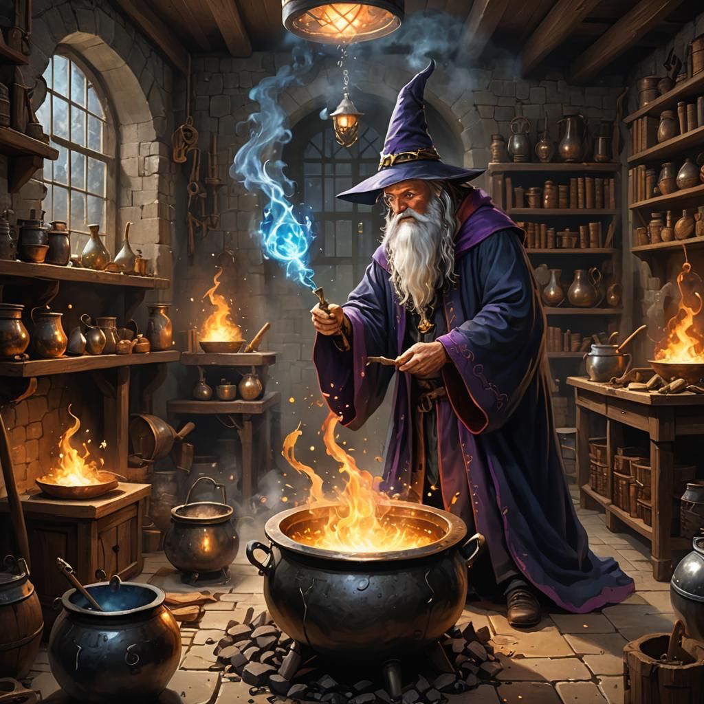 Wizard Stirring Cauldron in Sorcery Classroom